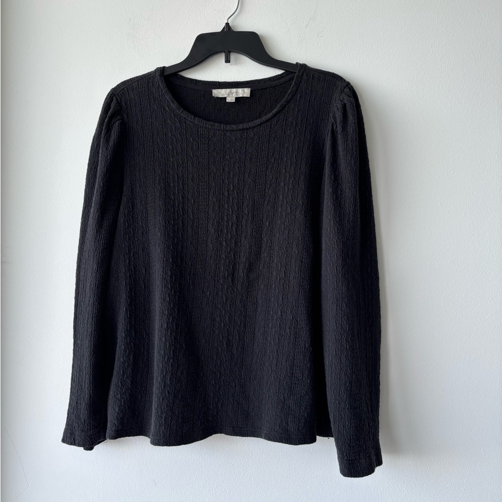 LOFT Blouse Black Textured Long Sleeve Womens XL Minimalist Casual Whimsigoth